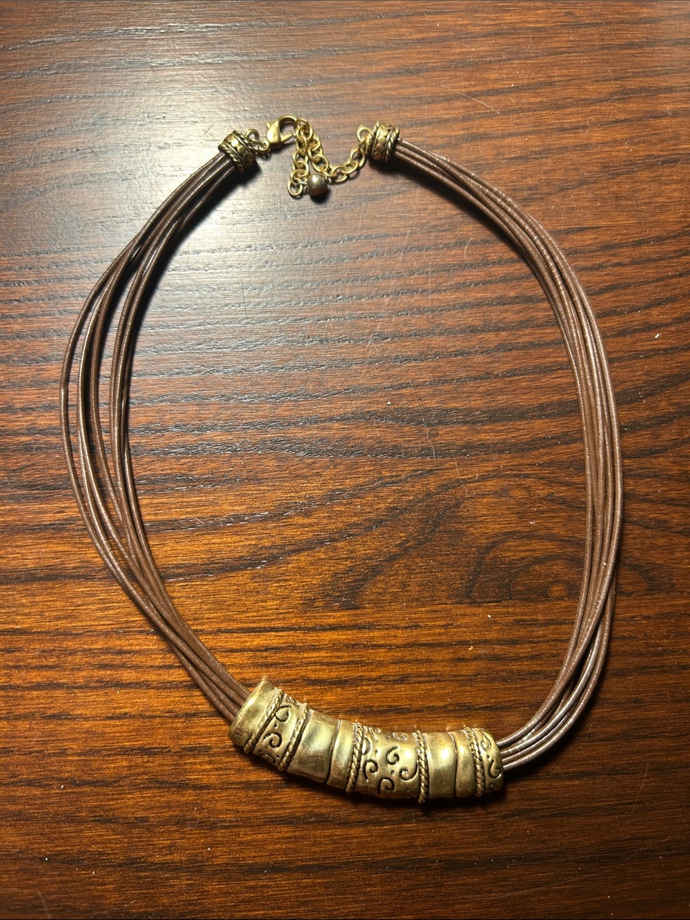 Brown Leather Multi-Strand Necklace with Antique Gold Bead